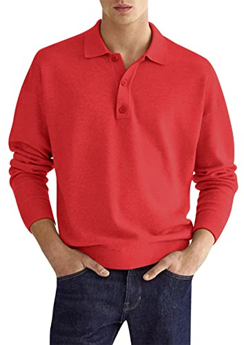 Polo da uomo basic a maniche lunghe con bottoni, alla moda, a maniche lunghe, slim fit, con colletto alto, traspirante, per il tempo libero, in tinta unita, classica felpa, Colore: rosso, M