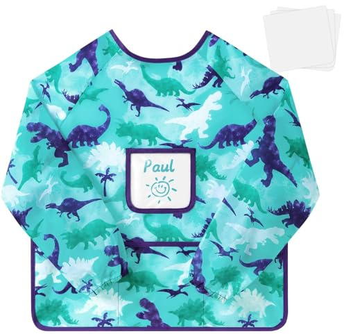 WERNNSAI Tablier Peinture Enfant, Garçon Dinosaure Blouse Peinture Enfants de 2-8 ans, Imperméables Créatif Tablier à Manches 3 Poches, Tabliers Cuisine Enfant pour Manger Art Cuisine