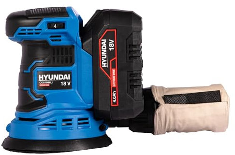HYUNDAI Akku-Exzenterschleifer COS1801LI, Schwingschleifer, Schleifmaschine, Schleifer, Schleifgerät mit Absaugung und Staubfänger (SET mit 1 x 4.0 Ah Akku und Ladegerät)