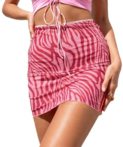 Auriselle Mujer Impreso Malla Falda Faldas Cortas Sexy Cintura Alta Mini Falda Skater Doble Capa Falda Lápiz Elástico Cintura Mini Falda Club Tight Fiesta Verano Faldas, Rosa, S-L
