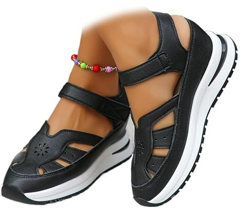 MASHANGGOU Sandali da donna Hollow Out Breathable Platform Wedge Sandals Sneakers, Sandali da donna Closed Toe Sandals, Summer Gladiator Roman Sandal, Nero , 37 EU Larga