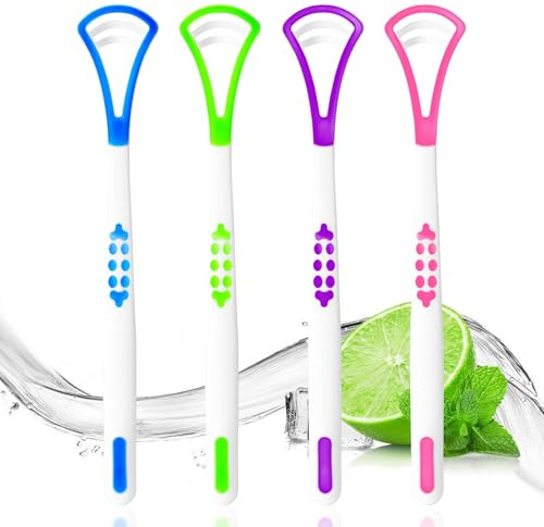 4 Pack Silicone Tongue Cleaners, Reusable Flexible Tongue Scrapers for Adults, Ergonomic Non-Slip Handle Tongue Brushes for Fresh Breath & Daily Oral Hygiene - 4 Assorted Colours