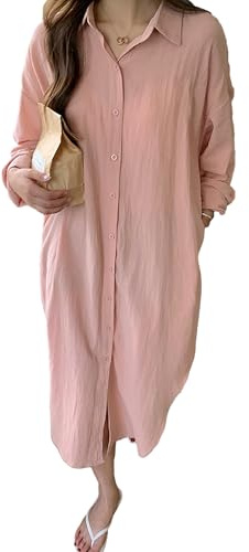 amropi Mujer Maxi Botones Camisa Vestido Suelto Manga Larga Blusa Cuello en V Casual Camisetas con Cinturón Rosa, M
