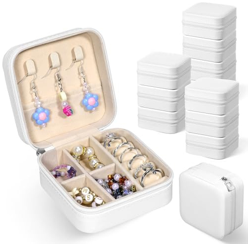 12 Pack Small Travel Jewelry Box Bridesmaid Proposal Gift Boxes Portable Mini Travel Jewelry Case PU Leather Earring Storage Box with Dividers for Women Girls Rings Necklace Earring Organizer, White