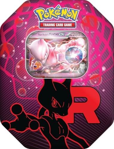 Pokémon TCG: Team Rocket Tin - Mewtwo ex (1 Tarjeta Promocional de Aluminio y 4 Paquetes de Refuerzo)