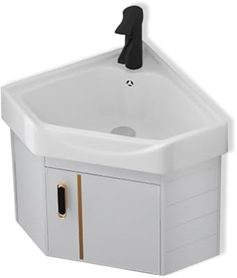 Väggmonterat hörnhandfat, 15 keramiskt handfat med kran och avlopp, kompakt badrumsmöbler, perfekt för små utrymmen, modern design på flytande piedestal