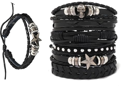 KornaDoz 6 Pack Punk Goth & Emo Bracelets – Adjustable Leather Cuff Wristbands with Studs