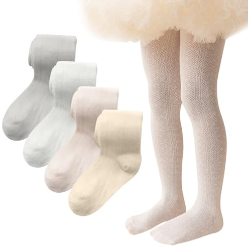 AOOPOO Lot de 4 Collants pour Bébé Fille en Coton Collant Tricotés avec Jacquard en Maille Collants d'été Respirants Leggings Chaussettes pour Nouveau-né Tout-petits Enfants Filles 0-9 Ans