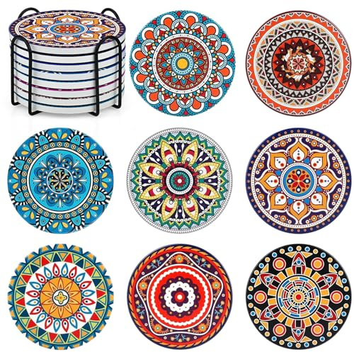 Mandala Coasters Set of 8, Ceramic Round Drink Coasters with Holder Absorbent Drink Coaster Set with Non-slip Cork Base & Ceramic Stone Cup Pad for Cups Mug Wine Glass Home Kitchen & Bar