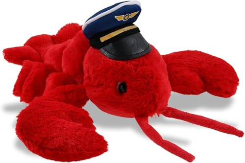 DolliBu Red Lobster Stuffed Animal with Pilot Cap - Cute Ocean Animal Lobster Plush Toy with Airplane Aviation Uniform Dress Up Hat - 13 Inches