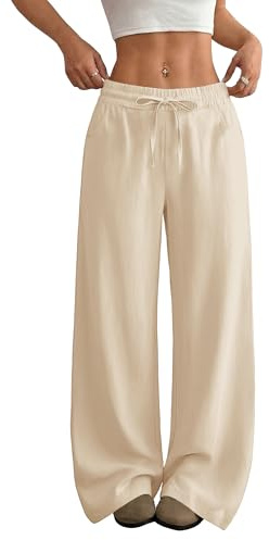 SEMARO Womens Casual Linen Wide Leg Pants Flowy Drawstring High Waist Palazzo Beach Vacation Trousers Khaki