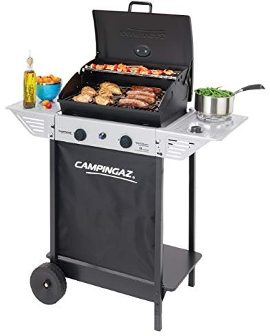 Campingaz Xpert 100 LS Plus Rocky Barbacoa Gas para Piedra Volcanica, BBQ gas con 2 quemadores, 7.1kW de potencia, 2 Parrillas de acero cromado, 2 mesas laterales y rocas de lava