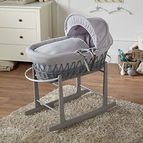 For Your Little One Grey Wicker Moses Basket with Grey Rocking Stand – Waffle Bedding | Newborn Baby Bed | Bassinet with Hood & Mattress
