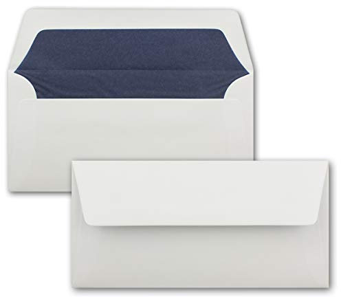 50 Briefumschläge Weiß - DIN Lang - gefüttert mit dunkelblauem Seidenpapier - 22 x 11 cm - Nassklebung, gerade Klappe - Ideal für Einladungen und Grüße zu Geburtstag und Weihnachten