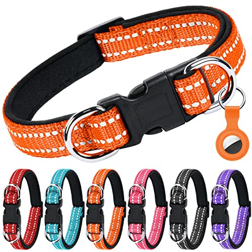 AUAUY Reflekterande Hundhalsband I Nylon, Dubbel Säkerhetsjusterbar Klassiska Hundhalsband Med Mjuk Neoprenvaddering Airtag-Fodral, Dubbla D-Ring-Snabbspänne För Små Valpar, Medelstora Hundar
