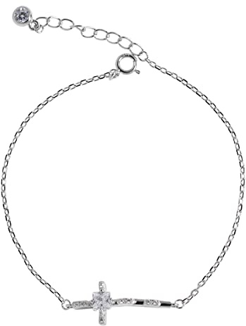 Meissa Bracciale Donna con Ciondolo Croce Gioielli Donna Braccialetti in Argento 925 Regalo Prima Comunione Regali per Neonati Regali Cristiani (argento)