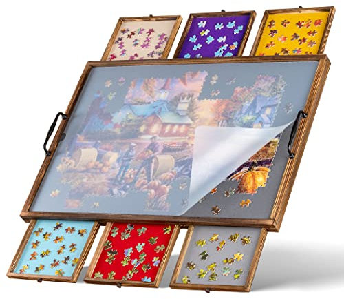 Tektalk Puzzlebrett mit Griffen und PP-Abdeckung, tragbar und leicht, Puzzletisch mit 6 Sortierschubladen, Puzzle-Plateau mit Filzmatten-Oberfläche, für bis zu 1000 Puzzleteile