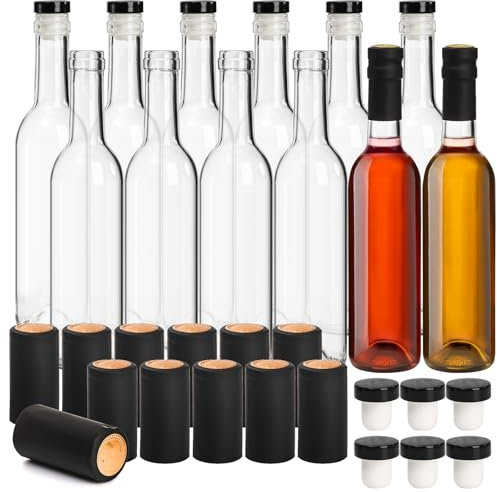 Cedilis 12 Pack Glass Wine Bottles, 12oz /375ml Bordeaux-Style Glass Bottle, Clear Empty Liquor Bottles with T-Top Caps and Shrink Capsule Cap