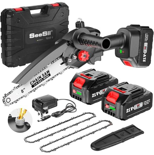 Seesii Mini Chainsaw 8-Inch, Cordless Electric Chainsaw with Upgraded Brushless Motor, 2 x 4.0Ah Batteries & Auto Oiler, High-Power Handheld Chain Saw for Tree Branch & Wood Cutting