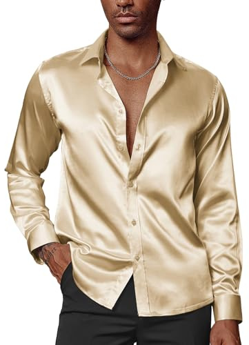 PJ PAUL JONES Chemise à manches longues en satin à paillettes pour homme | Chemises pour homme adulte en soie de luxe boutonnée pour fête de mariage, discothèque, bal de fin d'année