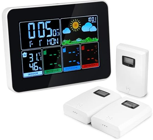 QWORK® Station météo sans fil avec 3 capteurs extérieurs intérieur extérieur, station météo numérique thermomètre hygromètre avec prévisions météo