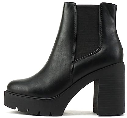 Soda EDITOR ~ Women Lug Sole High Heel Chelsea Fashion Ankle Boot w/Double Elastic Gore (Black Pu, 12)