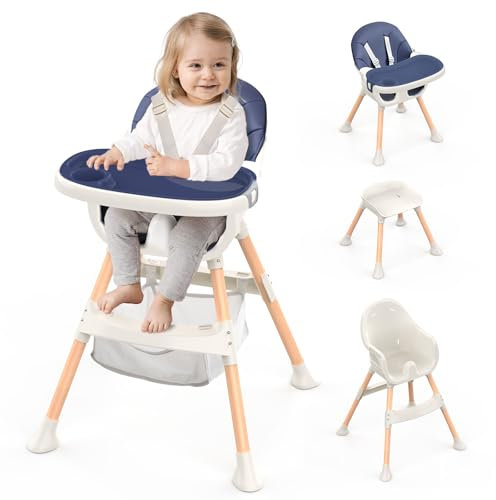 Highchairs Baby High Chair, Convertible 4-in-1 High Chair Portable High Chairs for Babies and Toddlers Baby Chair with Ajustable Height, Footrest, Removable Tray, from 6 Months to 3 Years, Blue