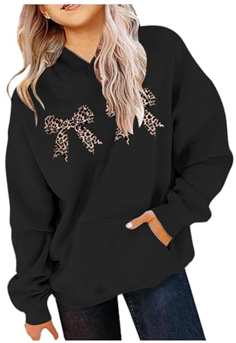 SoLu DAY8 Hoodie Kids Girls Age 3-12 Years Trendy Graphic Leopard Bow Sweatshirt for Teen Girls Winter Long Sleeve Tops PuLover Cute Cartoon Comfy Casual Vacation Blouse (Black, 11-12 Years)