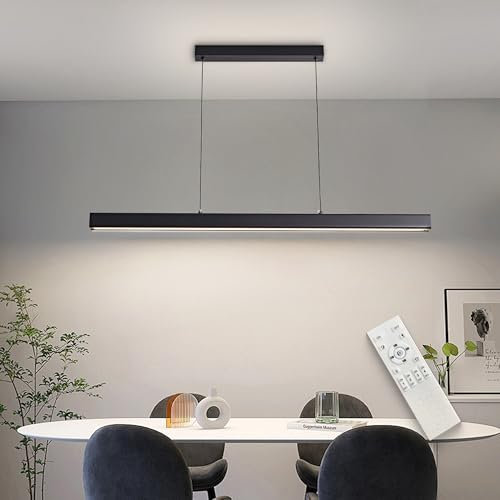 FANLG Lampada a Sospensione Moderna Dimmerabile, 80CM lampada da tavolo nero con telecomando Lampadario cucina Lampadario a sospensione Lineare Regolabile in altezza per sala da pranzo Cucina Ufficio