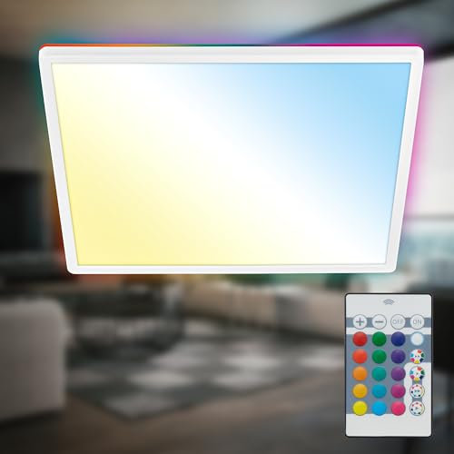 B.K.Licht - Plafonnier LED Magic plat avec télécommande, rétroéclairage RGB, CCT, intensité variable, plafonnier salon, panneau chambre d'enfant, plafond, 42x42x3 cm, blanc