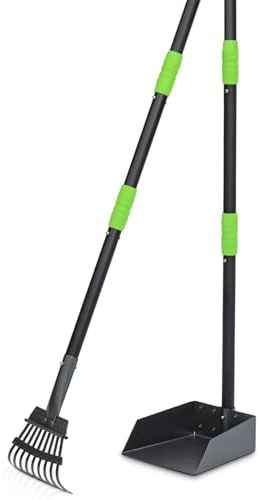 Niubya Ramasse crottes pour Chiens - Pelle métallique à Manche Long réglable (jusqu'à 96 cm), Pooper Scooper kit avec bac et râteau pour faciliter Le ramassage des déchets Animaux, Lot de 2