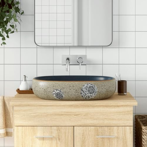 Vasque à Poser with Céramique, Design Ovale, Motif Raffiné, Vasque à Poser Salle de Bain, Lavabo Salle de Bain, Pour Meuble Vasque Salle de Bain, Sable et Bleu, 59 x 40 x 14 cm