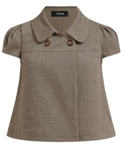 CIDER Houndstooth Button Down Shirt Women Collared Short Sleeve Blouse Peter Pan Collar Oversized Fit Regular Length Brown