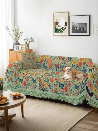 Boho Green Flowers Sofa Cover Blanket Couch Covers for Armchair Cushion,Couch Sofa Silpcover with Tassel,Spring Abstract Watercolor Floral Leaf Living Room Throw Towel Blanket Covers XX-L 71x150