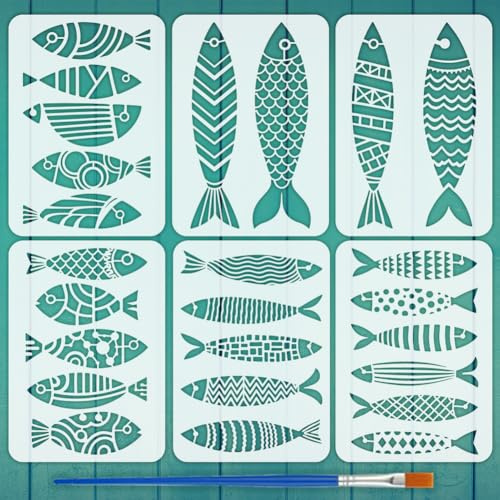 FINGERINSPIRE - 6 plantillas de pez geométrico con un pincel 29,7 x 21 cm, plantillas creativas para pintar peces con temas marinos, plantilla PET para pintar en madera, suelo, azulejos, paredes, tela