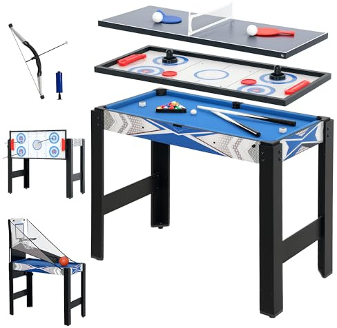 SPORTNOW Table de Jeux Multifonctions 5 en 1 Compacte Billard Bleu | Ping-Pong, Jeu de Palets, Mini Basket, Tir à l'Arc, Table Multi-Jeux