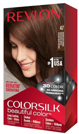Revlon Colorsilk Beautiful Color Coloration Permanente des Cheveux avec Technologie au Gel 3D et Kératine, Teinture avec Couvrance à 100% des Cheveux Blancs, 47 Brun Riche Moyen