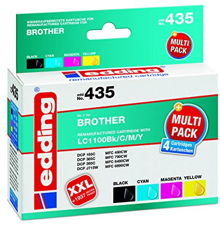 edding Druckerpatrone EDD-435 - Multipack 4 - Schwarz, Cyan, Magenta, Gelb - 1x 17 ml + 3x 9 ml - Reichweite 1x 735 3x 855 Seiten - Ersetzt Brother LC1100BK/C/M/Y