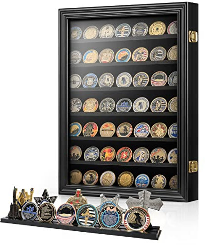 DecoWoodo Military Challenge Münzen Vitrine Wandhalterung mit HD Glastür, 7 Reihen Münzhalter Vitrine Rack Shadow Box mit abnehmbaren 2 Rillen Regale für Medaille Casino Poker Chips, Schwarz