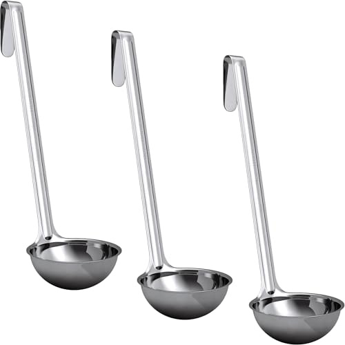 Super Sturdy, Ergonomic 4 Oz. Soup Ladle 3 Pk. Stainless Steel Ladles with Long Handles. Best Kitchen Accessories for Stirring, Portioning and Serving Soups, Chili and Stew in Restaurants and at Home