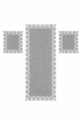 Corredocasa Runner e Set Centrini 3 Pezzi Ricamati a Intaglio Misto Lino Raffinato ed Elegante Made in Italy (Set 3 Pezzi, Grigio)