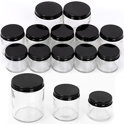 Swpeet 12 paquets de 2 oz (57 ml) 4 oz (113 ml) Bocal en verre transparent de 8 oz (227 ml) avec kit d'assortiment de couvercles noirs, bocaux ronds en verre cosmétique avec couvercles, bocaux de