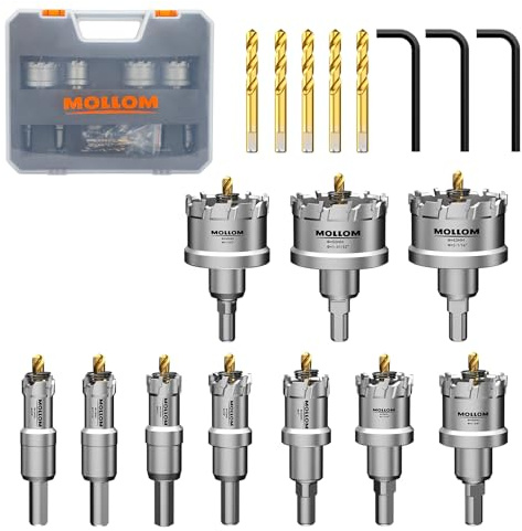 MOLLOM 10 piezas (16-53 mm) Kit de Sierra de Carburo TCT para metal duro, que incluye 10 cortadores de agujeros con 5 brocas piloto adicionales y 3 llaves hexagonales