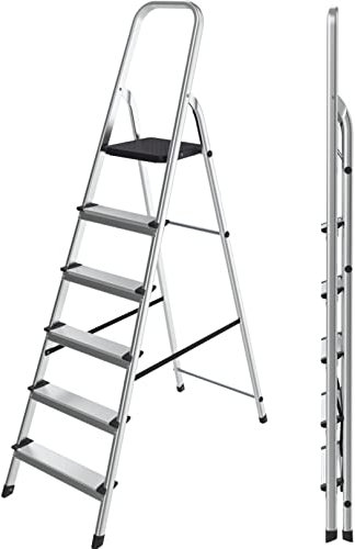 Lightweight Step Ladders 6 Step 71.2'' (181cm) 330.6lbs (150 kg) Max Load - Compact Aluminium Stepladder with Non-Slip Wide Step, Portable Silver Color - Tall Folding Ladder with Platform