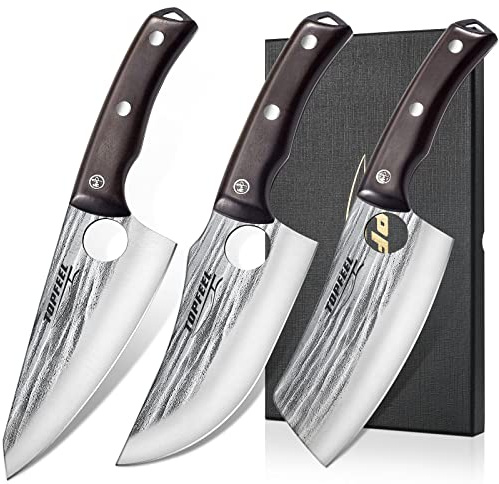Topfeel 3PCS Butcher Knife Set Hand Forged chef knife Boning Knife, High Carbon Steel Meat Cutting Knives for Kitchen Camping BBQ…