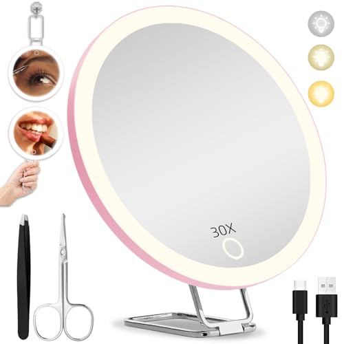 JJhxr 30X Magnifying Mirror with Lights, 6inch Makeup Magnified Mirror 30X Lighted Travel Magnification with 3 Suction Cups and 360° Adjustable Stand- Includes Tweezers & Scissors