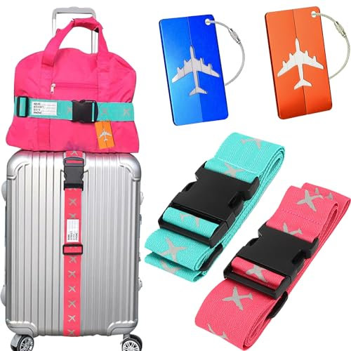 Powmag Koffergurte 2 Stück, Kofferband Gurt Auffällig, Koffergurt Kreuzgurt mit 2 Namensschildern Gepäckanhänger