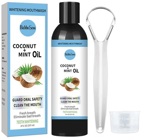 Coconut Mouthwash,Mint Oil Pulling Mouthwash with Tongue Scraper - Coconut Oil Pulling for Teeth to Help with Fresh Breath and Healthier Teeth & Gum,Coconut Pulling Oil-8 Fl.Oz (Blue)