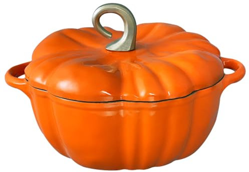 Flavehc Zucca olandese forno pentola con coperchio 1,8 qt zucca ghisa forno olandese per la cottura del pane forno olandese in ghisa smaltata arancione con manici