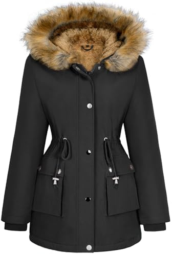 Xnova Womens Winter Parka Jackets Fleece Lined Waterproof Coats Ladies Padded Thermal Overcoat with Hooded Windproof Thicken Sherpa Lining Outerwear, Black, M